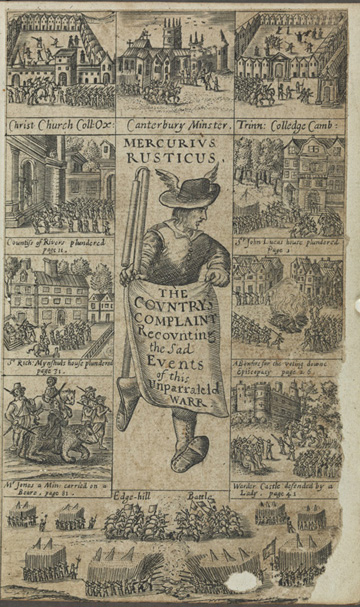 The title page of the royalist periodical Mercurius Rusticus (Oxford, 1647) containing Bruno Ryves, Anglicae Ruina an account of Parliamentarian ‘cruelties’ committed against royalist forces in England and Scotland, produced by the courtesy of the Board of Trinity College, Dublin.